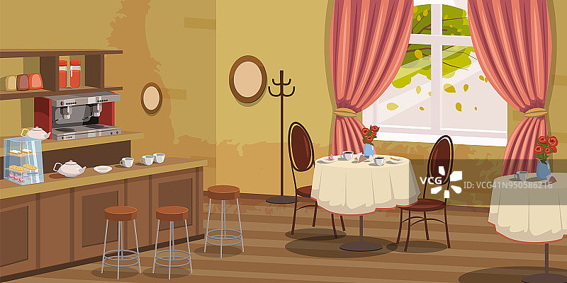 咖啡厅，室内，架子，椅子，咖啡机，桌子，矢量，插图，卡通风格，孤立图片素材