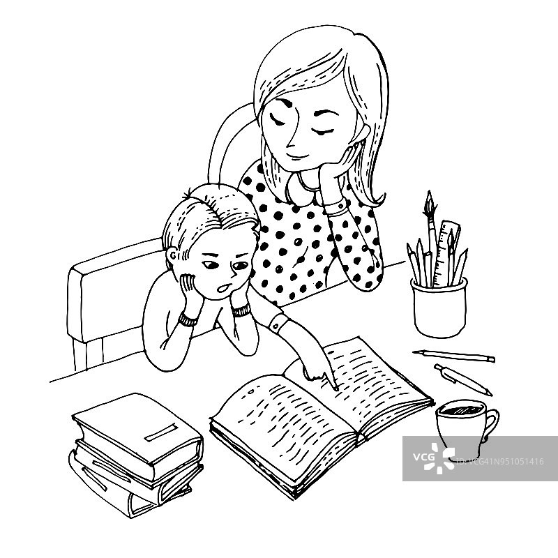 黑白矢量插图着色书。母亲教她的小儿子。家庭教育图片素材