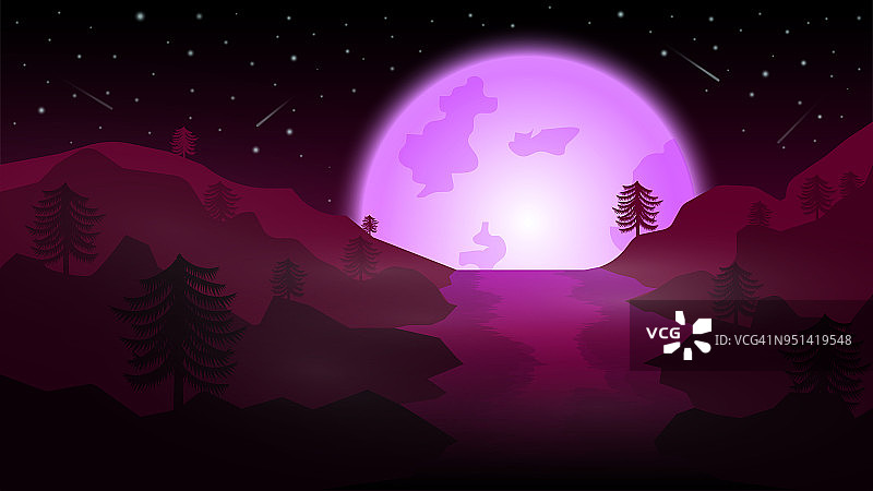 月圆紫湖;山松长;美丽的夜景观向量设计;月圆紫光夜;雾夜景观;雾湖图片素材