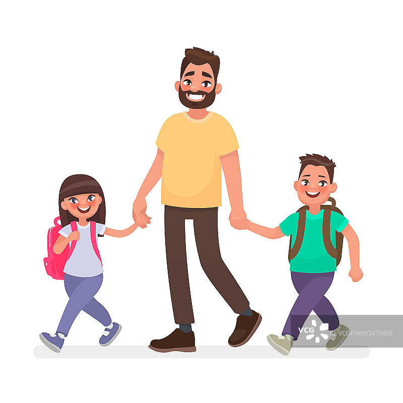 爸爸和孩子们一起去上学。小学的孩子和父亲在一起。矢量图图片素材
