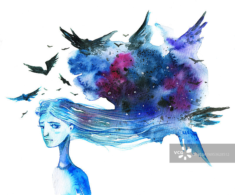 焦虑的长发女人头顶深蓝色的云彩和鸟儿图片素材