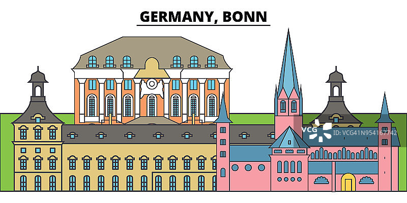 德国,波恩。城市天际线，建筑，建筑，街道，剪影，景观，全景，地标。可编辑的中风。平面设计线矢量插图概念。孤立的图标图片素材