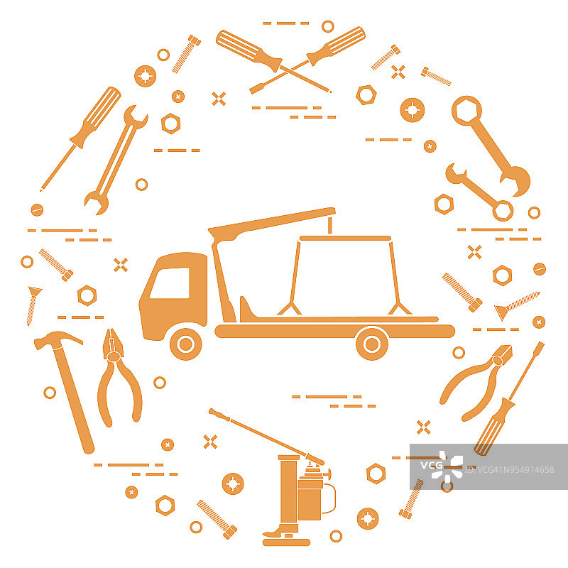 修理汽车:拖车、扳手、螺丝、钥匙、钳子、千斤顶、锤子、螺丝刀。图片素材