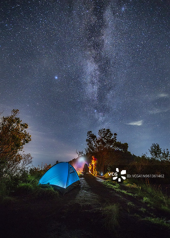 银河在Bromo山露营帐篷图片素材