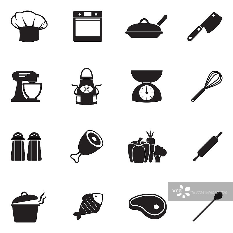 厨师和烹饪图标。黑色的平面设计。矢量插图。图片素材