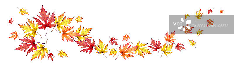 秋天的枫叶。水平全景图像。水彩图片素材