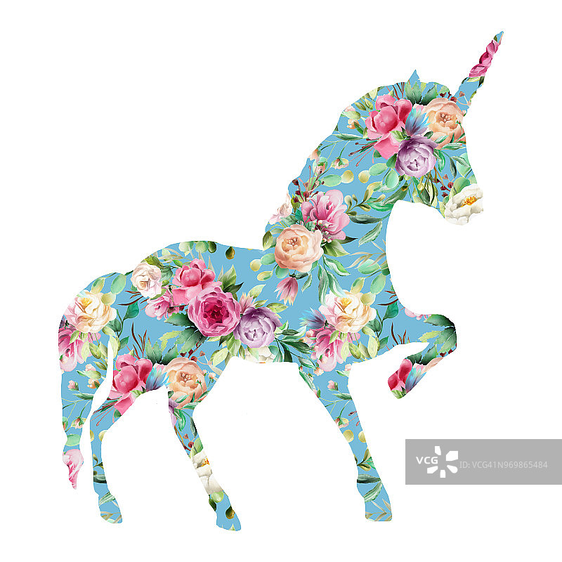 美丽的独角兽，神奇的马，梦幻的剪影，双重曝光与水彩花卉图案图片素材
