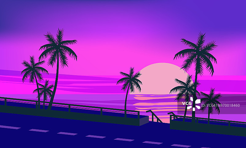 日落，海洋，傍晚，棕榈树海边，矢量，插图，孤立，卡通风格图片素材