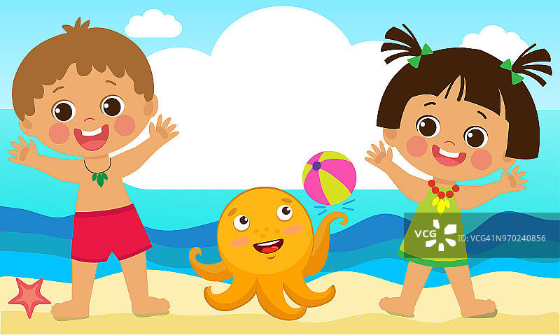 孩子们有趣的夏季活动。夏天孩子向量。快乐的孩子们在海滩上玩耍。图片素材