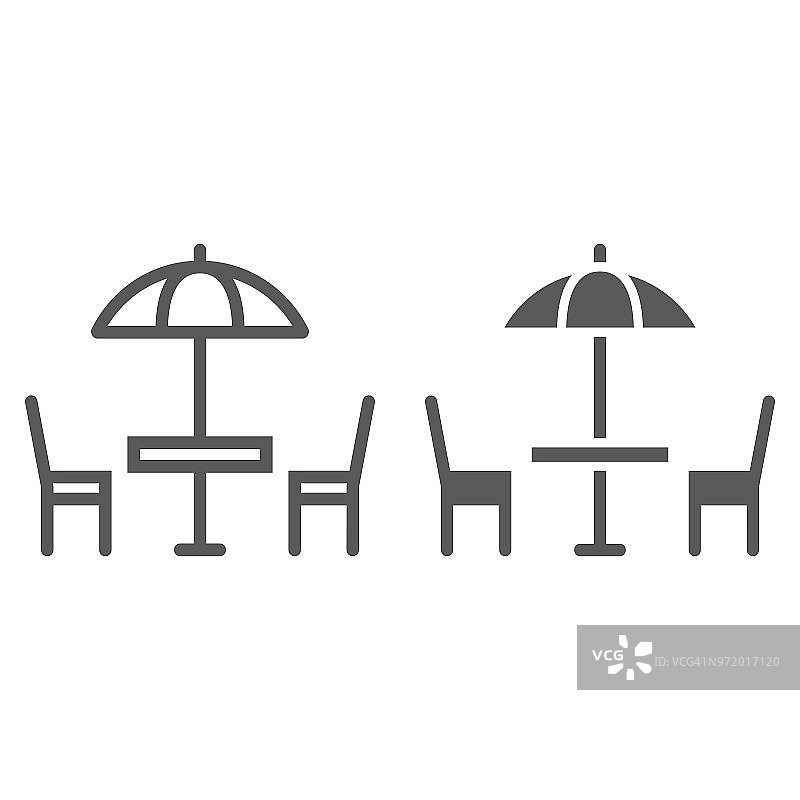 街道咖啡厅线和字形图标，桌椅，伞符号矢量图形，白色背景上的线性图案，eps 10。图片素材