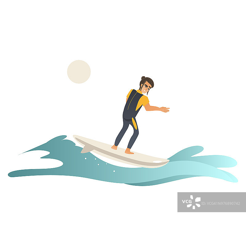 夏季的海洋和海洋活动-年轻男子在泳衣上骑在冲浪板上孤立的白色背景波。图片素材
