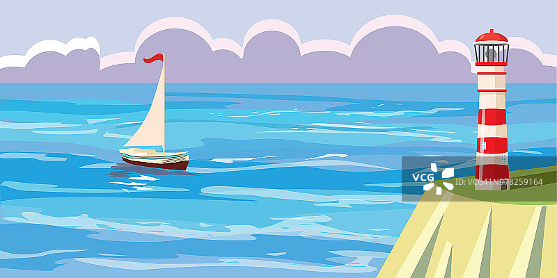 海景，帆船，灯塔，矢量插图，卡通风格，孤立图片素材