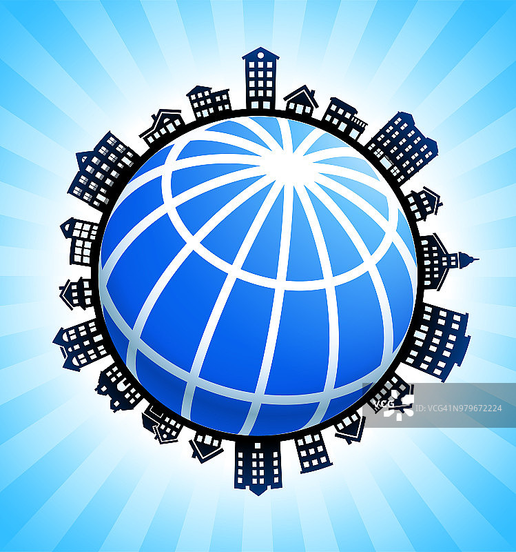 蓝色地球仪线框在农村城市景观天际线背景图片素材