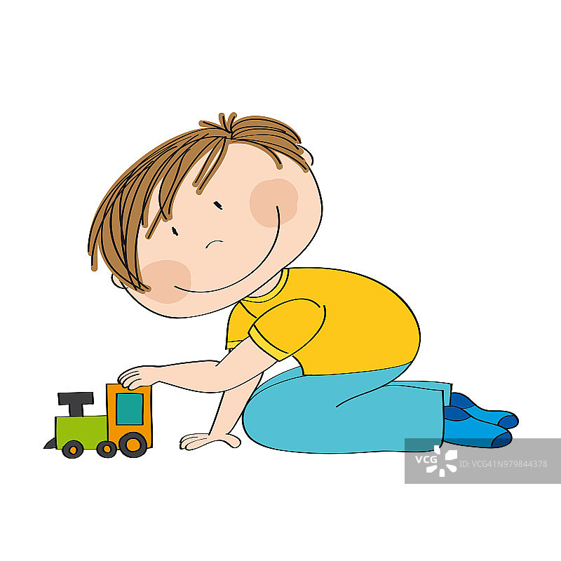 可爱快乐的小男孩跪在地板上，玩着啾啾火车-原创手绘插图。图片素材