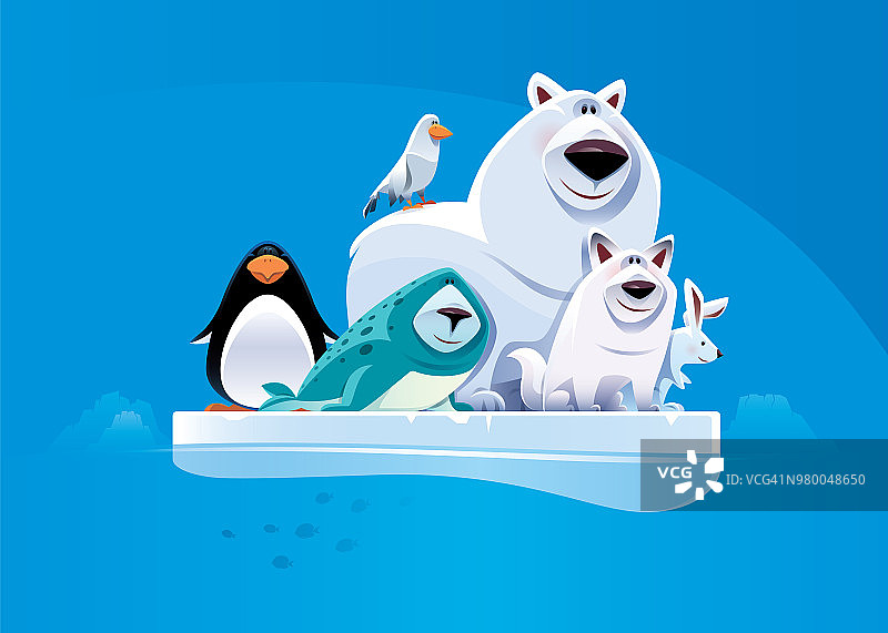 欢快的北极熊和朋友们站在浮冰上图片素材