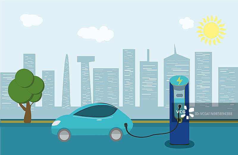 电动汽车充电站-城市背景-建筑图片素材