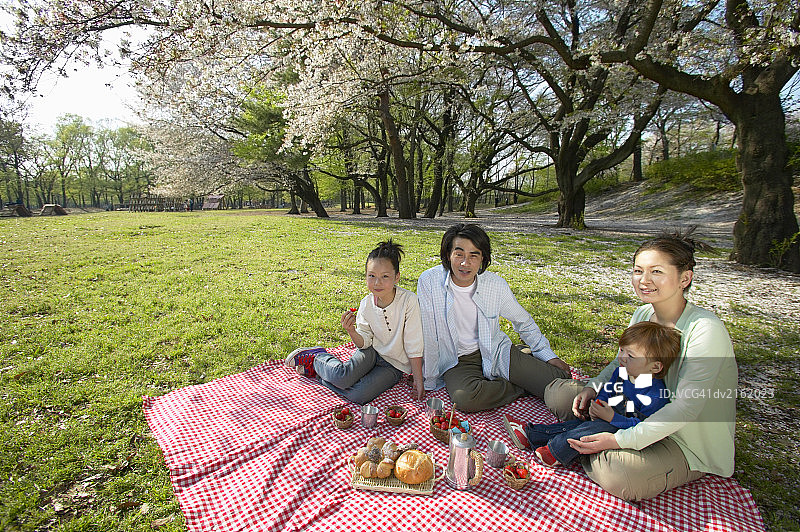 一家人坐在公园里享受野餐图片素材