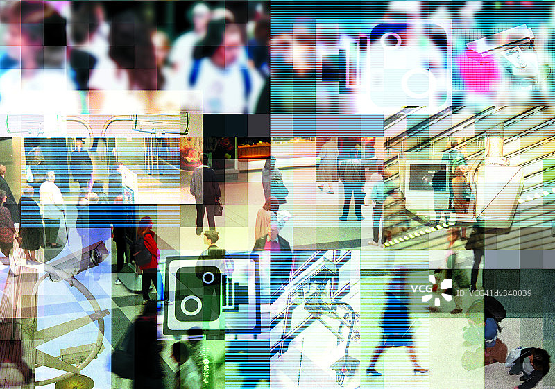 城市行人和监控摄像头的拼贴画图片素材