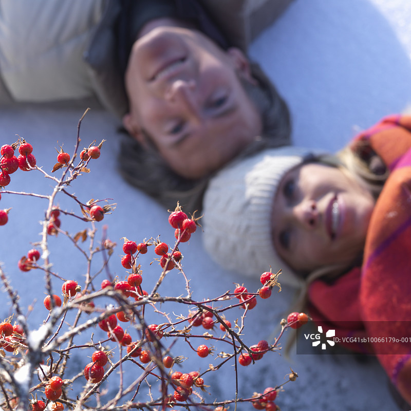 一对成熟的夫妇躺在雪地上，注视着前景的蔷薇树图片素材