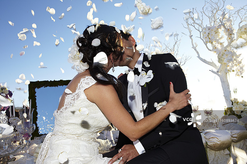 新娘和新郎亲吻的茉莉花瓣飞。图片素材