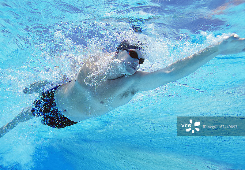 职业男子运动员在游泳池游泳的水下镜头图片素材