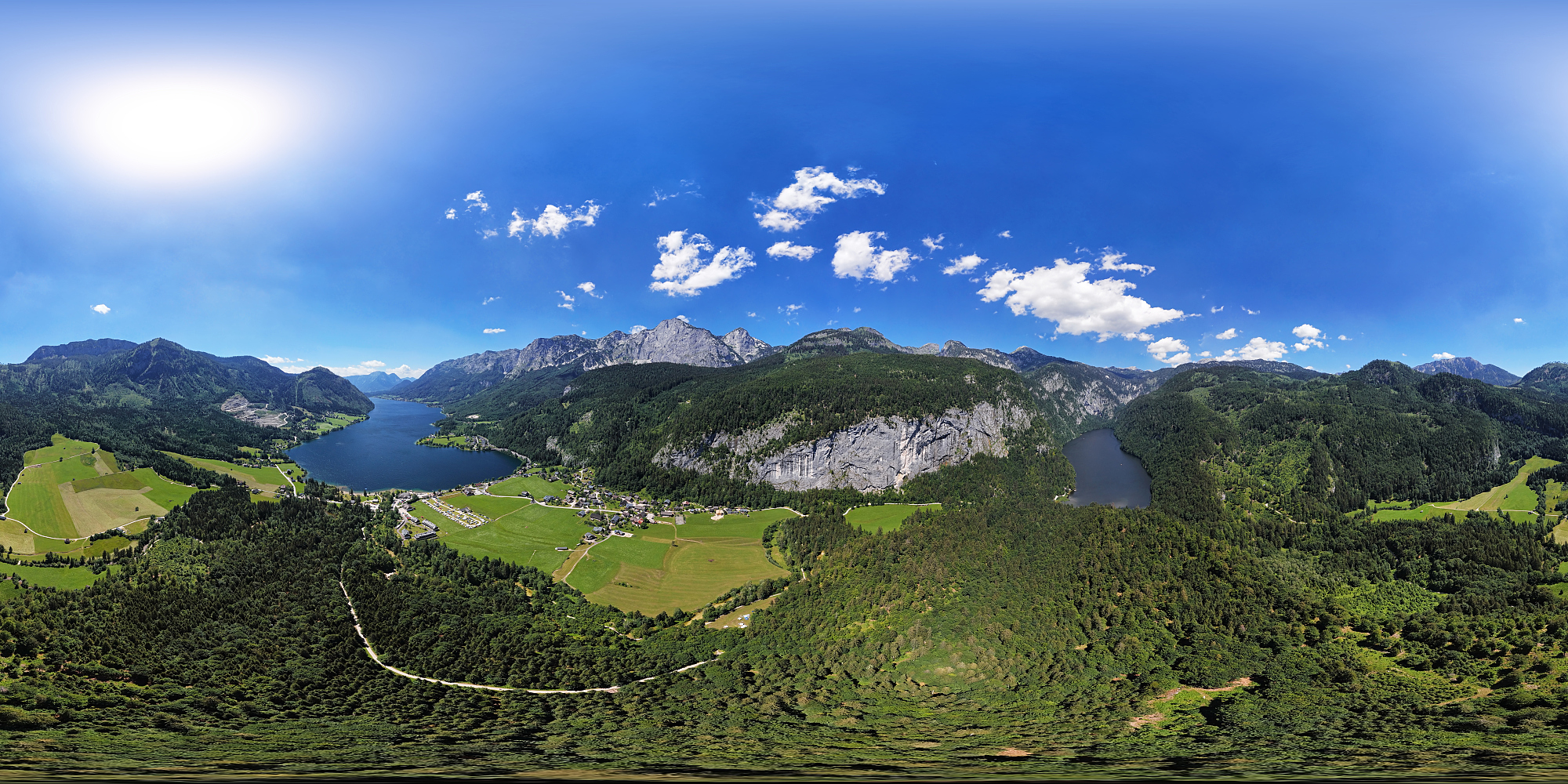 Toplitzsee (toplitzlake)和Grundlsee山湖的360度x180度全球形空中全景图，位于奥地利斯蒂里亚的Salzkammergut。图片下载