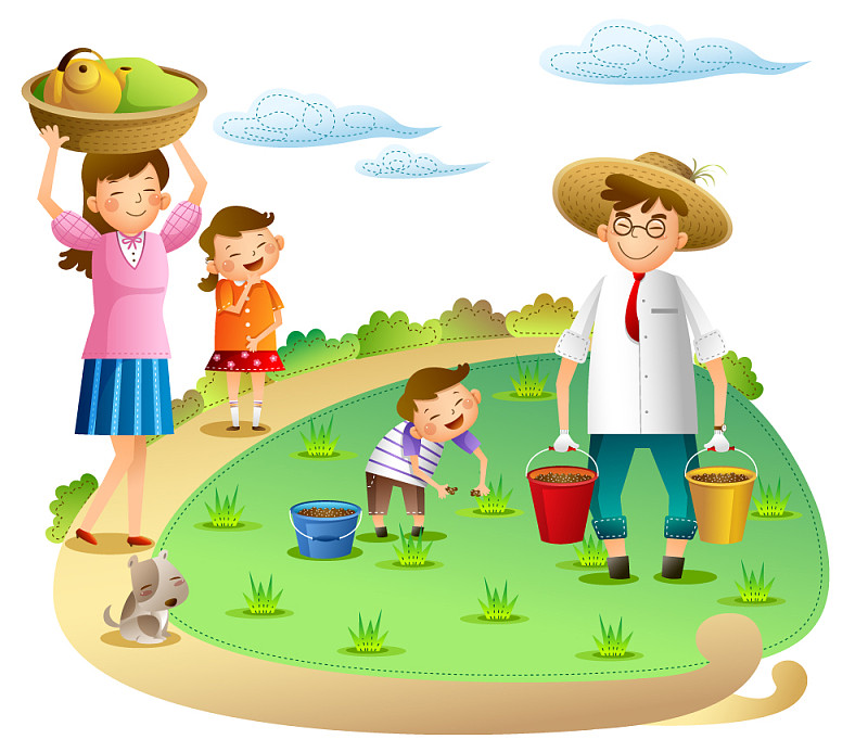 幸福家庭在稻田里图片素材