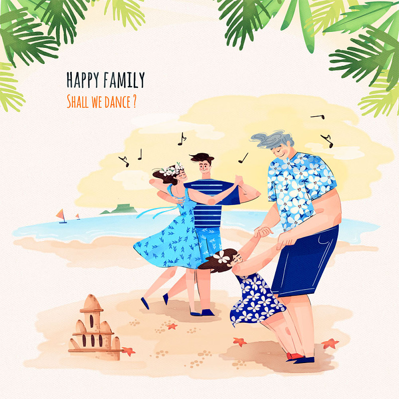 欢乐的家庭舞蹈在海滩上图片下载