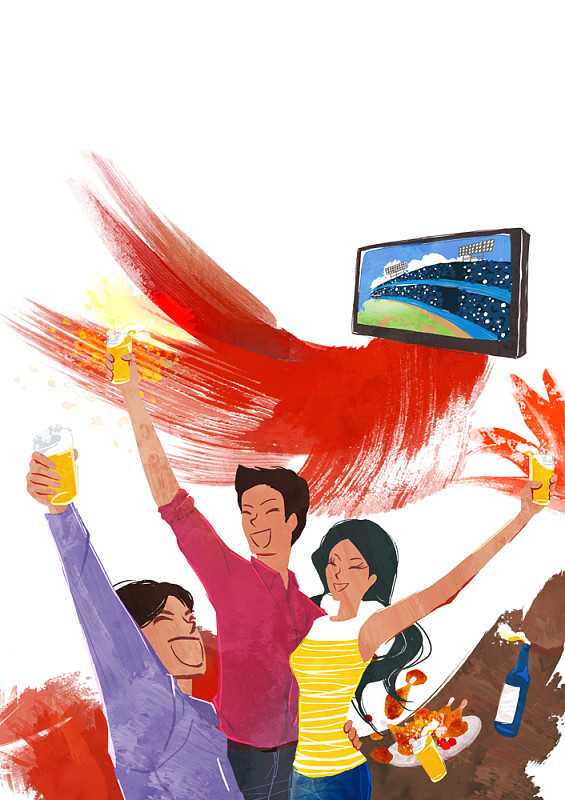 人们观看棒球比赛时喝着啤酒欢呼的插图图片下载
