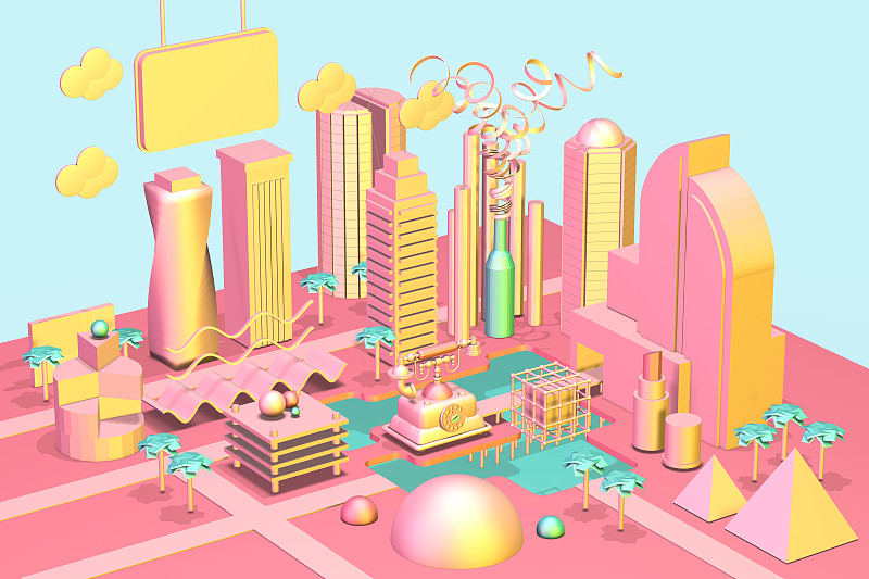 Pink Low Poly Isometric City图片下载