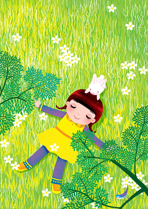 动物大世界插画系列-躺在草地上的小女孩下载