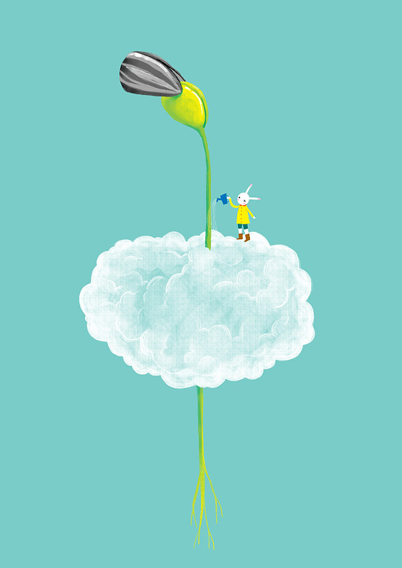 哲理兔系列插画-云朵上浇水图片