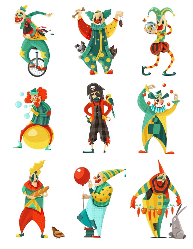 马戏团小丑图标集。滑稽的马戏团小丑孤立的装饰图标设置在颜色与把戏循环海盗服装和气球矢量插图图片下载
