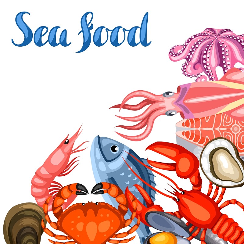 背景有各种海鲜。鱼，贝类和甲壳类的插图。图片下载