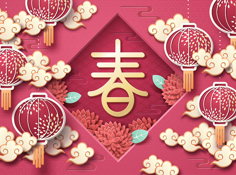 中国新年春联与灯笼装饰贺图图片下载