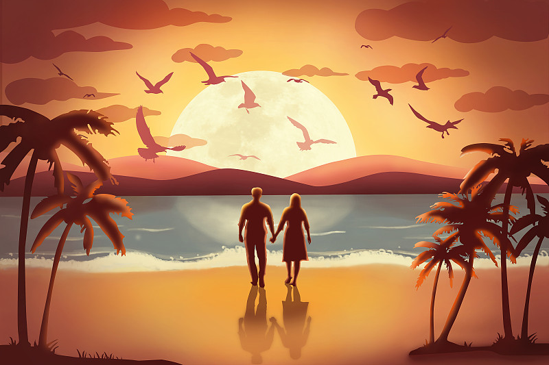 海滩夕阳下的甜蜜情侣图片下载