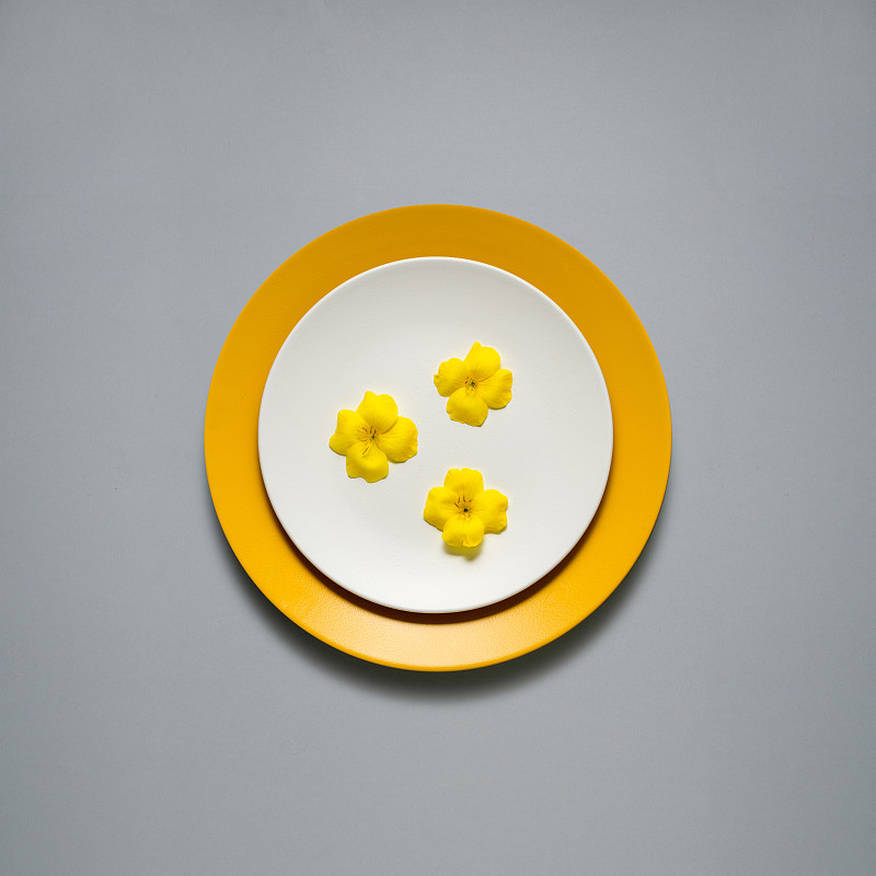 厨房用具的创意照片，在灰色背景上画有食物的盘子。摄影图片下载