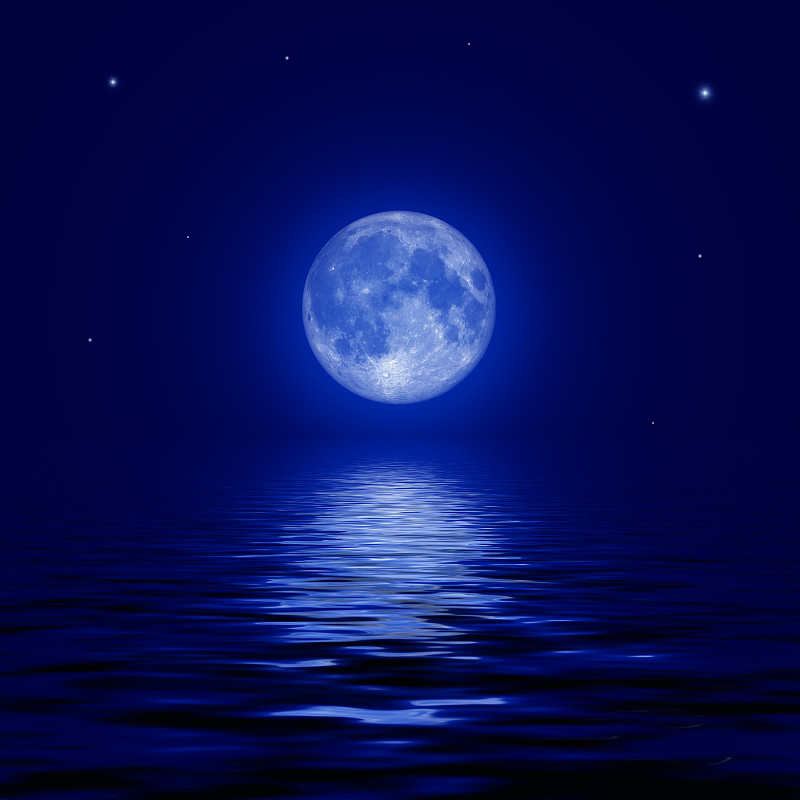 满月和星星倒映在水面上。插图图片素材