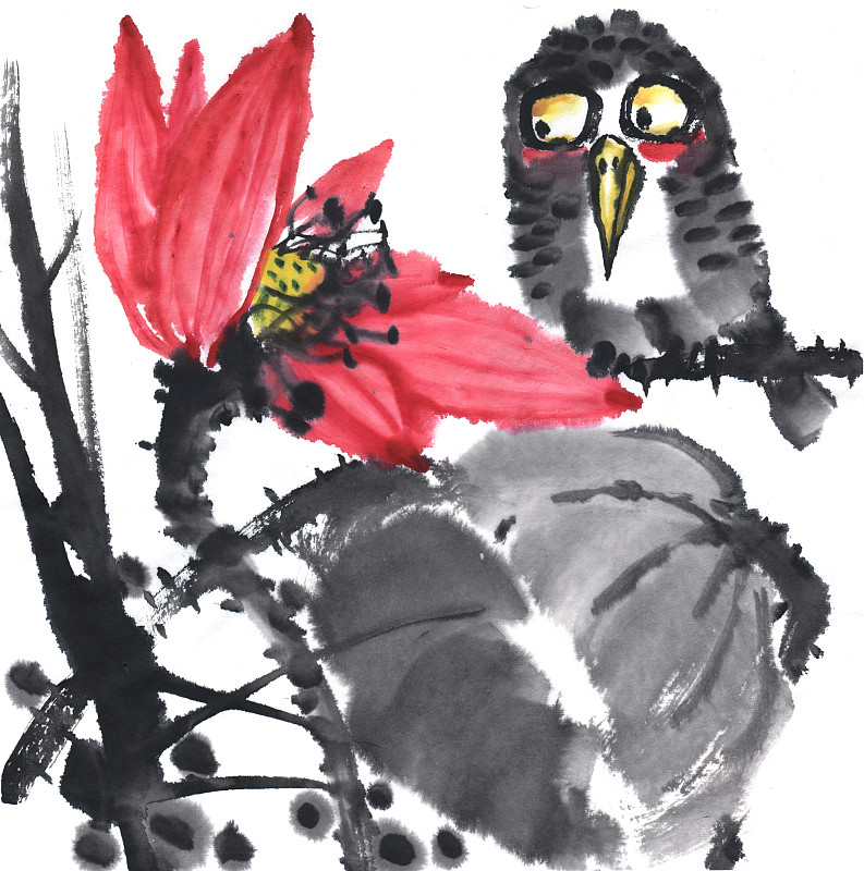 中国画水墨花鸟画站在荷花边的小鸟图片下载