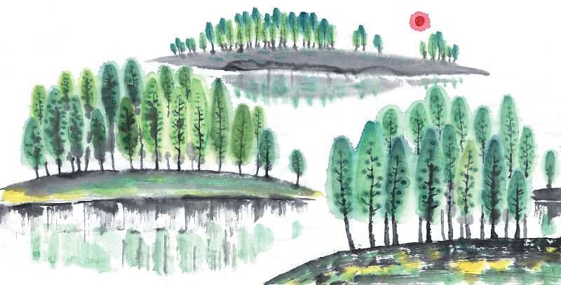 风景水墨画湖边的树林图片素材