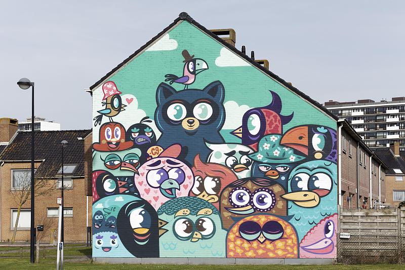 快乐动物园，比利时街头艺术家Bue的壁画，2017年水晶船节，奥斯坦德，西佛兰德斯，比利时，欧洲图片下载