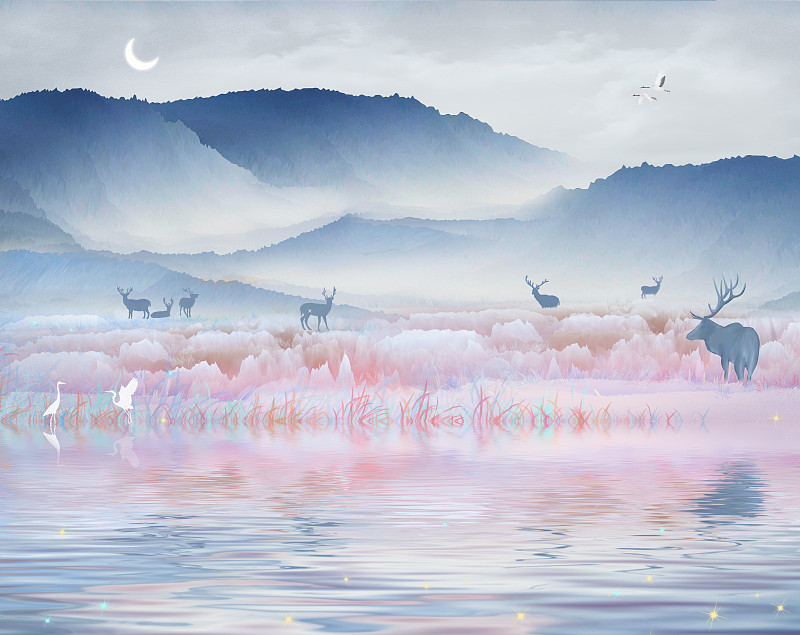 雪山下梅花鹿在湖边休息喝水，在仙境般风景中嬉戏中国风插画背景下载