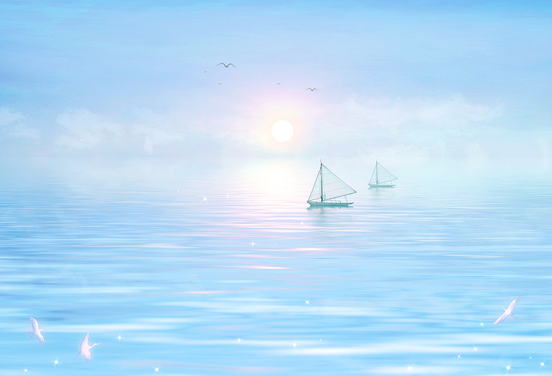 清晨太阳从海平面升起挂在天空，两位运动员在大海上进行帆船竞赛图片下载
