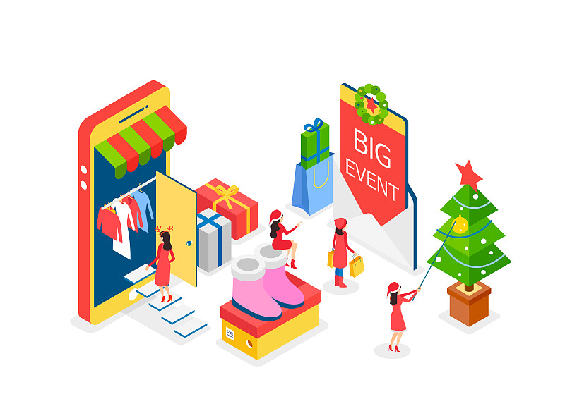 采购产品圣诞节，新年，商业活动，购物，销售，礼物，等距，圣诞装饰，圣诞树，智能手机，衣服，时尚图片下载