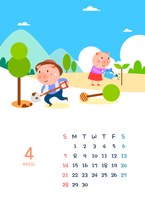 猪,性格,日历,2019年4月,植树节,树,种植树木图片下载