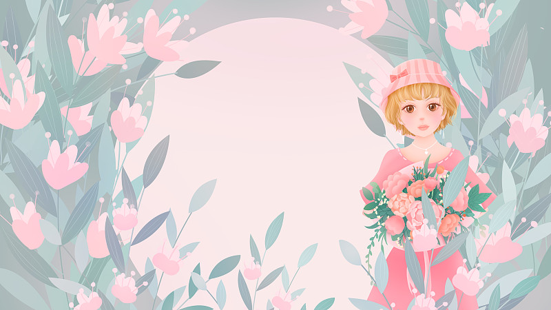 女生节花丛中的鲜花与戴帽子的少女手绘插画横图下载
