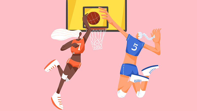 打篮球的女孩夸张插画图片