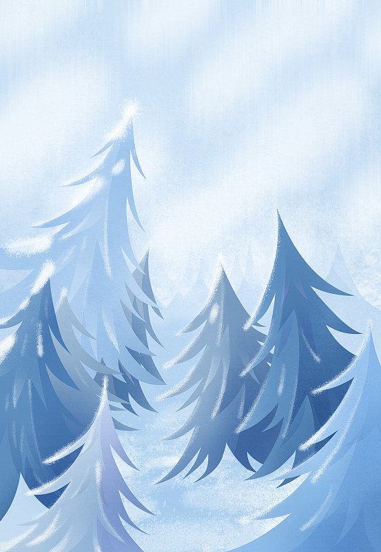 蓝色下雪天松树积雪画面插画背景素材下载
