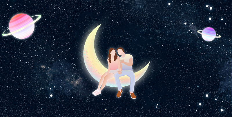 夜晚星空下情人节一对情侣牵手约会坐在月亮上聊天说悄悄话插画下载