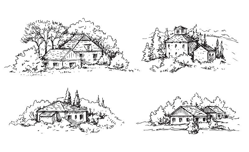 房子与树素描图片